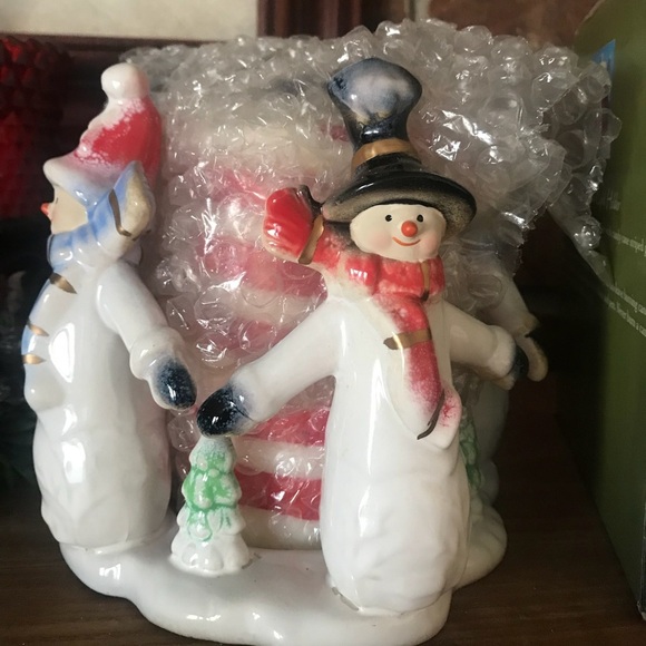 Porcelain Snowman Candy Cane Tea Light Holder - Picture 3 of 8